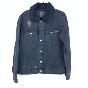 Blank NYC Men's Size Medium Denim Jacket Sherpa Collar Navy Blue NEW